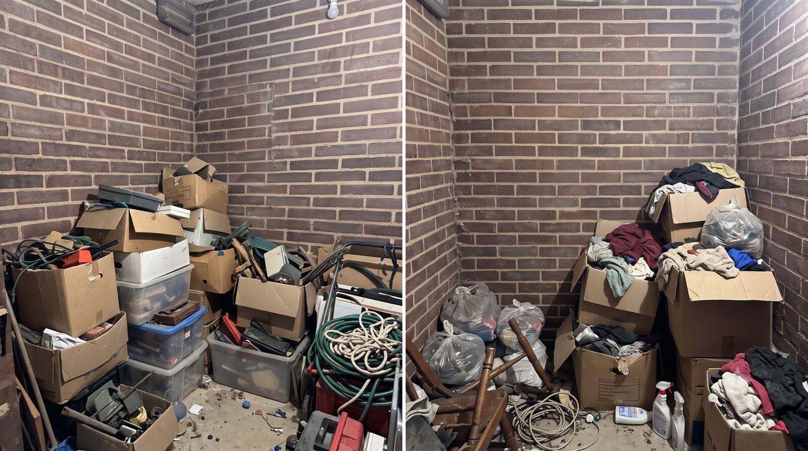 Cuarto útil desordenado, con cajas y cosas amontonadas en el piso